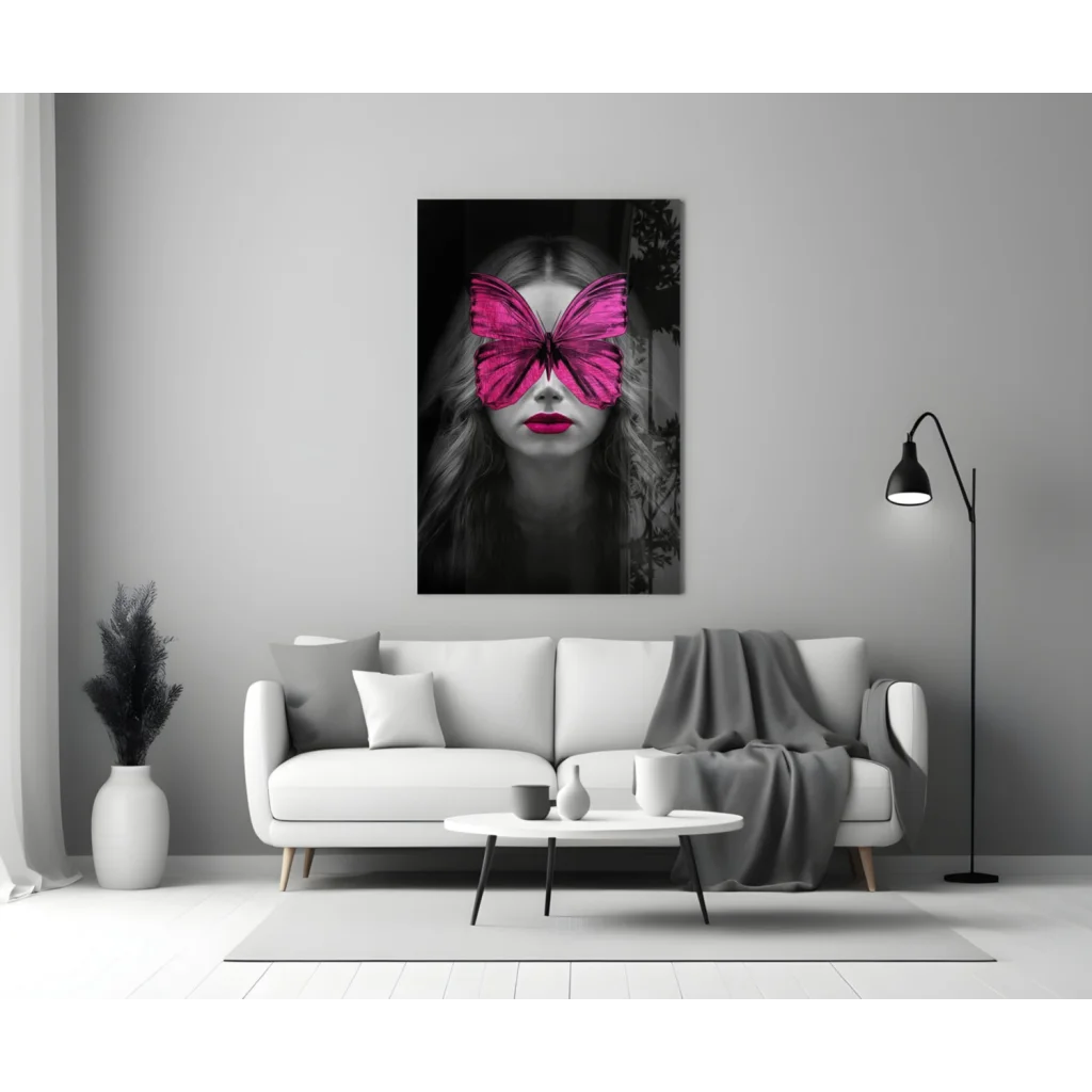 Vibrant pink butterfly wings glass wall art with bold red lips