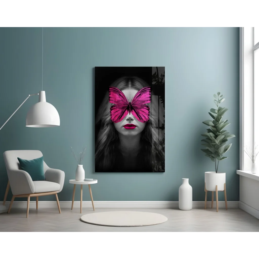 Vibrant pink butterfly wings glass wall art with woman covering eyes