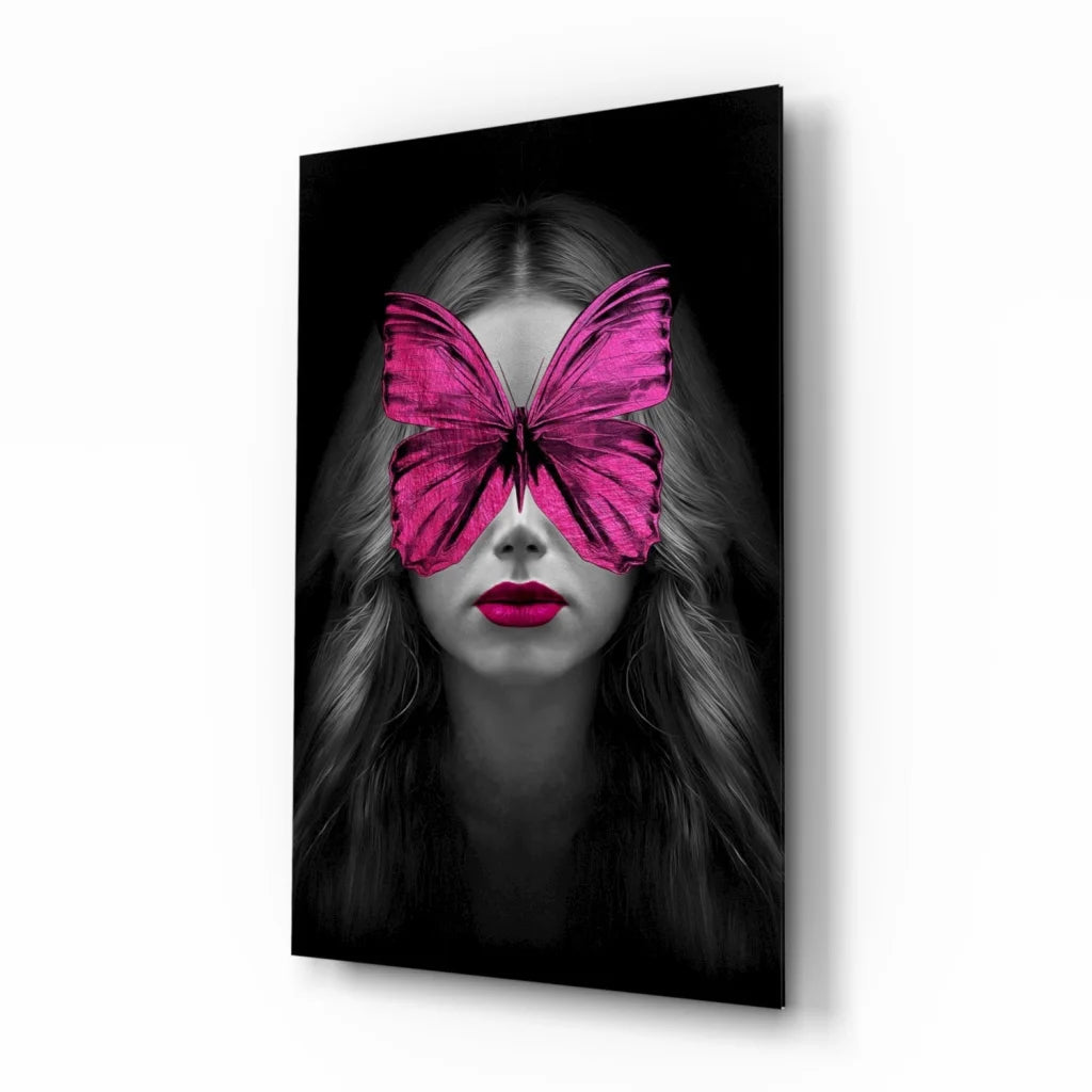 Vibrant pink butterfly glass wall art with bold red lips on black-and-white background
