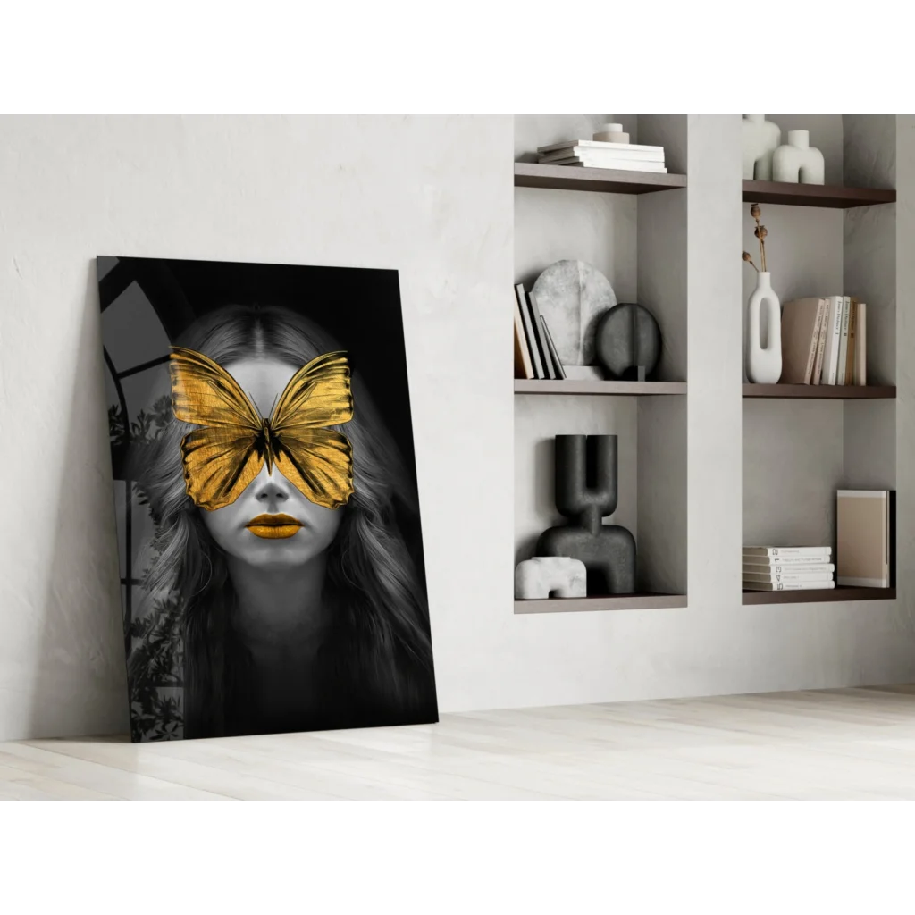 Golden butterfly woman black-and-gold canvas wall art print