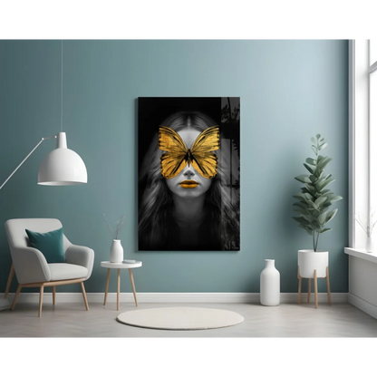 Golden butterfly woman black-and-white canvas wall art print on teal wall