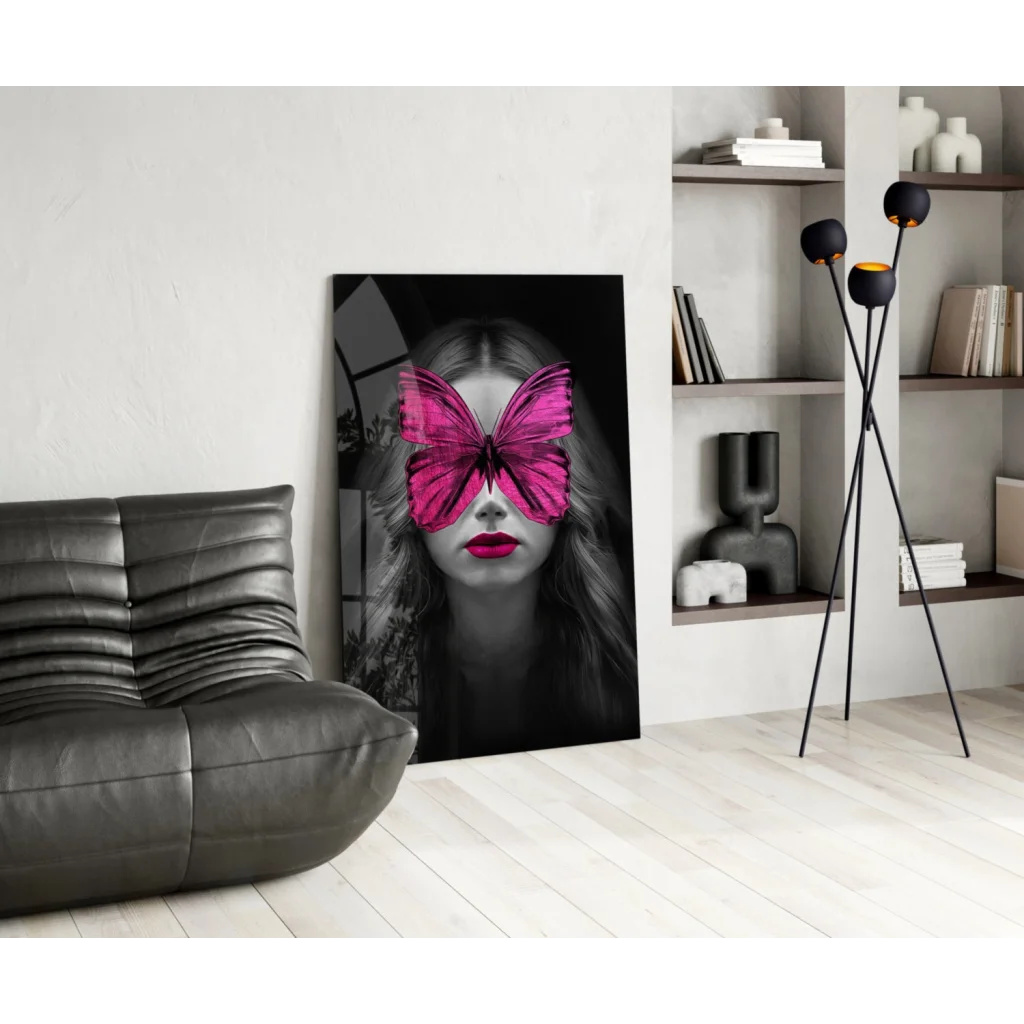Pink butterfly wings glass wall art with bold red lips in modern room