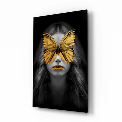 Black and white woman with golden butterfly wall art canvas print