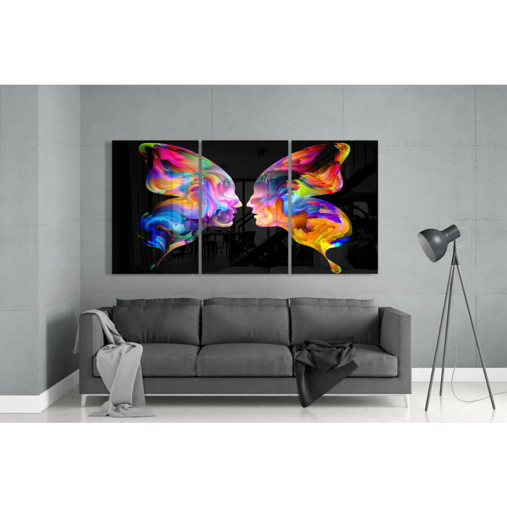 Vibrant rainbow butterfly fusion glass wall art on black background