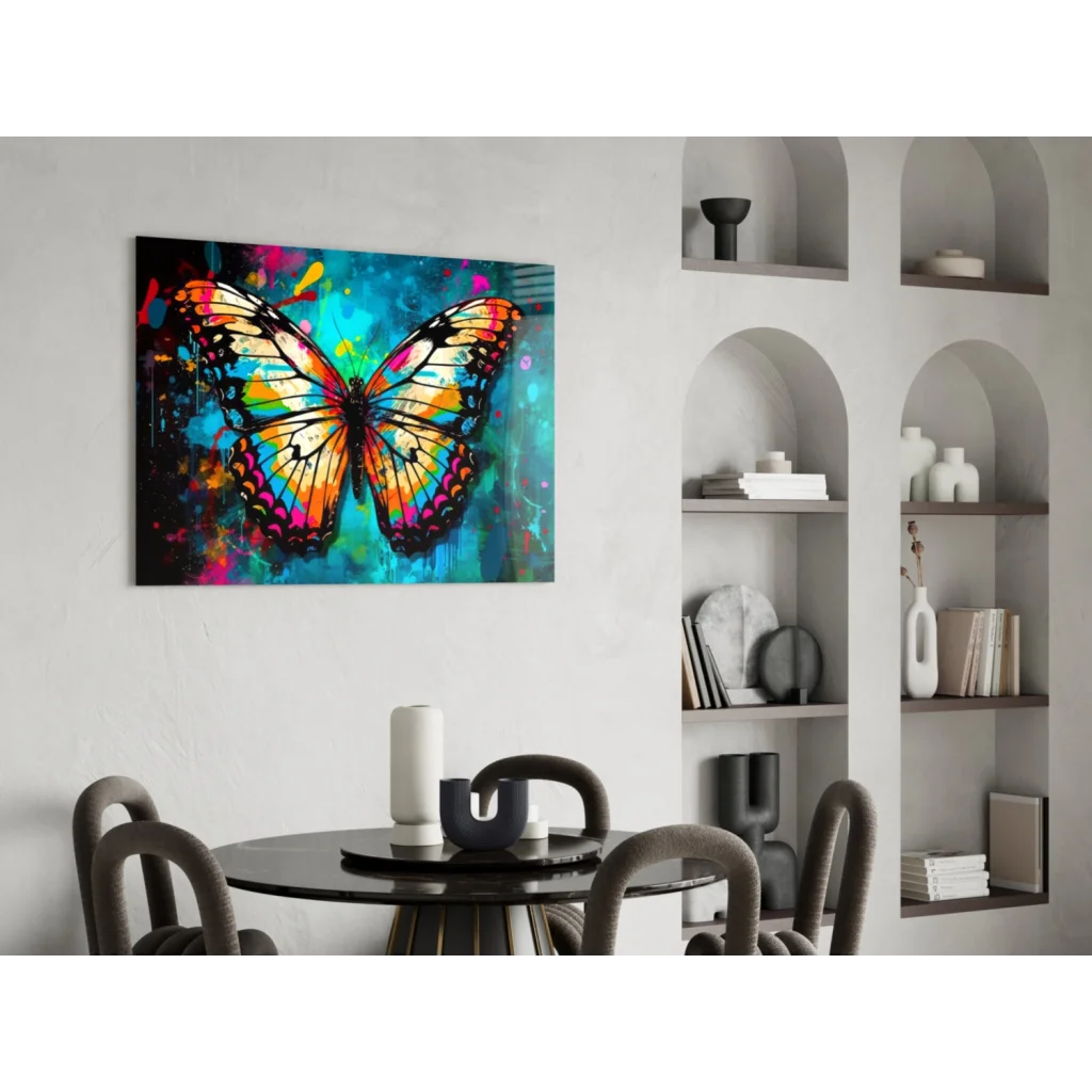 Vibrant butterfly glass wall art with iridescent orange pink teal wings on splattered blue background