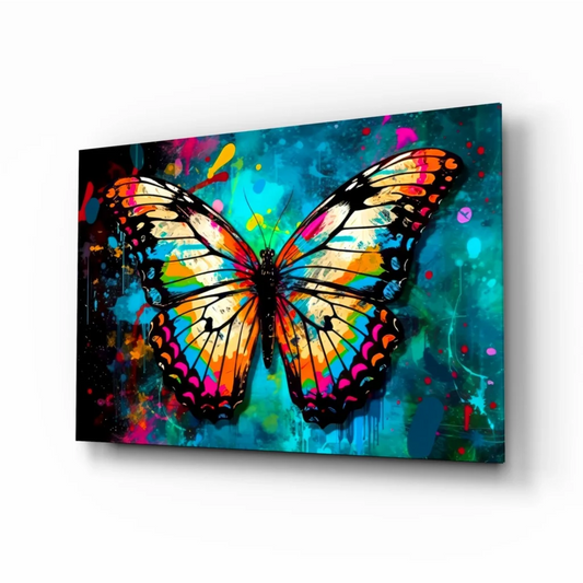 Vibrant butterfly glass wall art with bold orange, pink, teal splashes