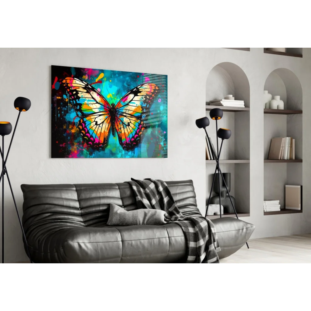 Vibrant butterfly glass wall art with iridescent orange yellow blue wings on splatter background