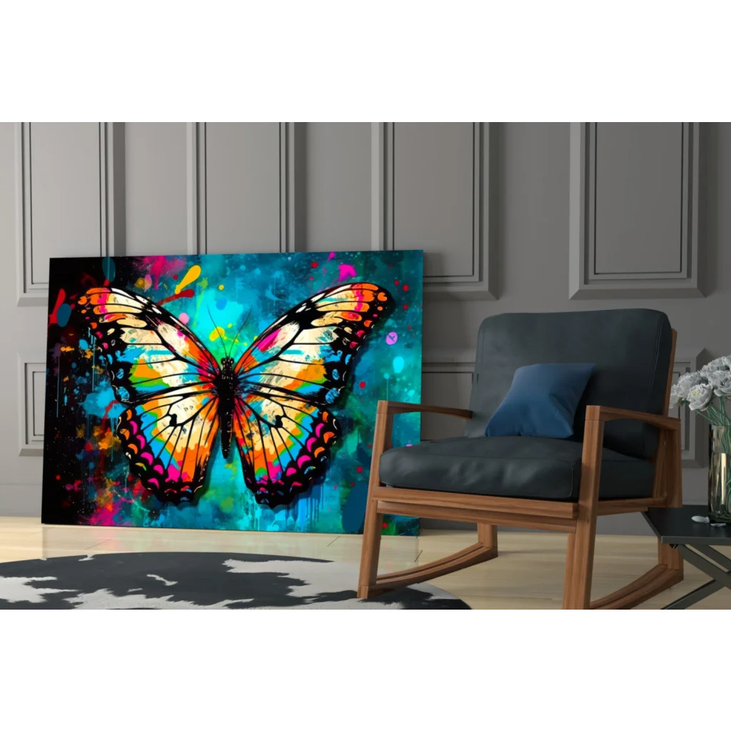 Vibrant butterfly glass wall art with colorful paint splashes on teal