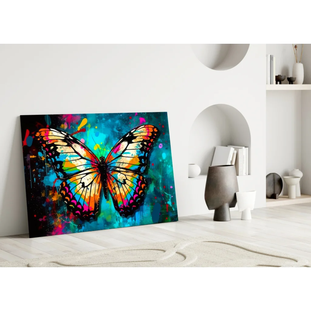 Vibrant butterfly glass wall art with colorful wings on teal black splatter background