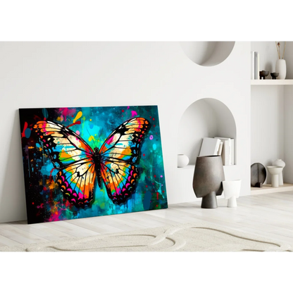 Vibrant butterfly glass wall art with colorful wings on teal black splatter background