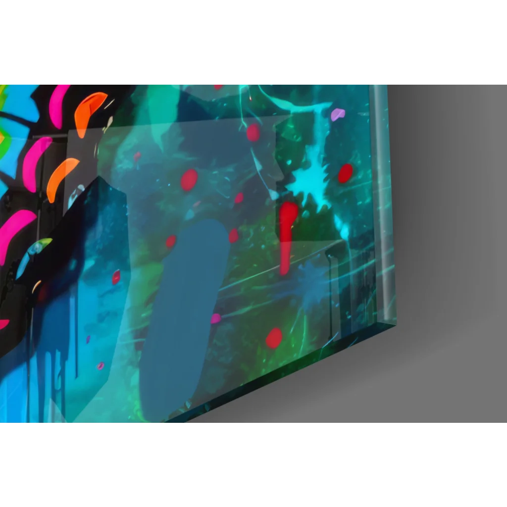 Vibrant butterfly glass wall art with teal red pink paint splashes