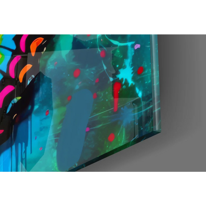 Vibrant butterfly glass wall art with teal red pink paint splashes