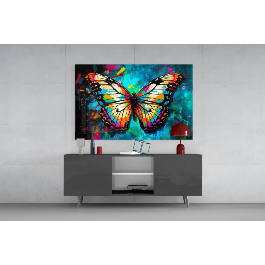 Vibrant butterfly glass wall art with iridescent orange pink teal wings on splattered background