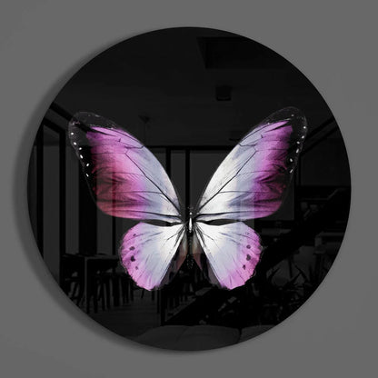 Stunning pink butterfly tempered glass art wall clock on dark background