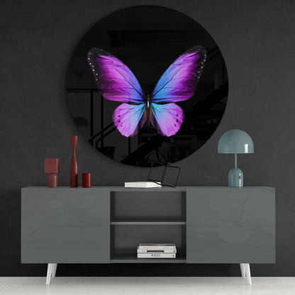 Vibrant purple blue butterfly tempered glass art wall clock mirror