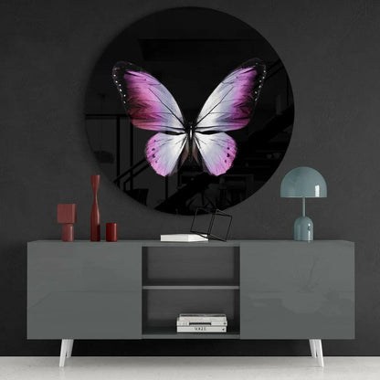 Stunning pink butterfly on iridescent tempered glass art wall clock
