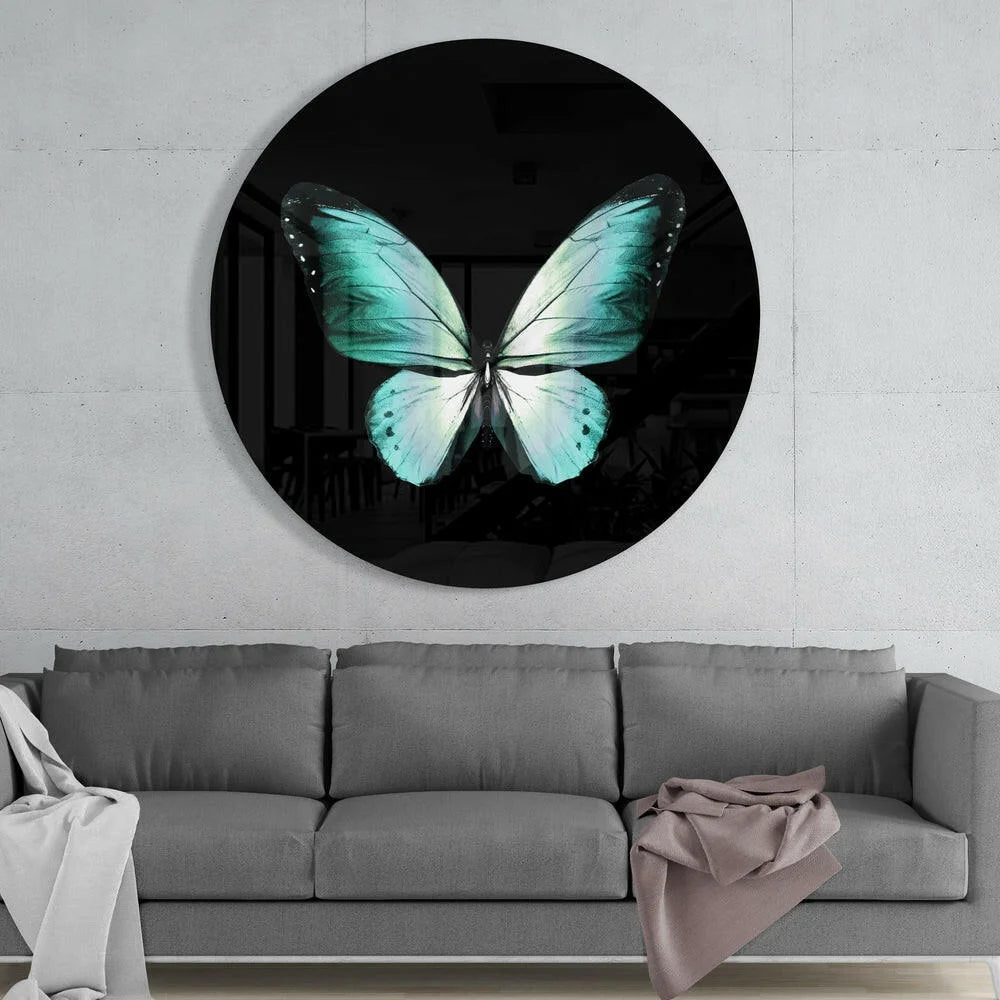 Stunning turquoise butterfly tempered glass art circle on black background