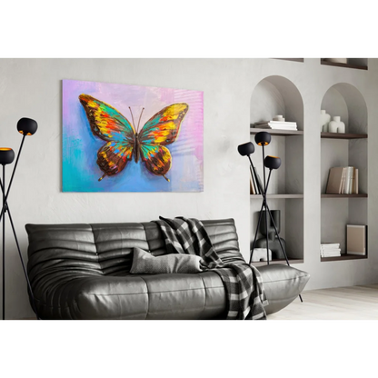 Vibrant butterfly canvas wall art with teal, orange, gold wings