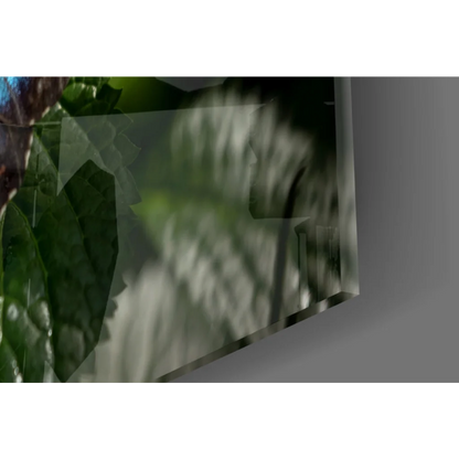 Stunning Blue Morpho Butterfly glass wall art with blurred green foliage