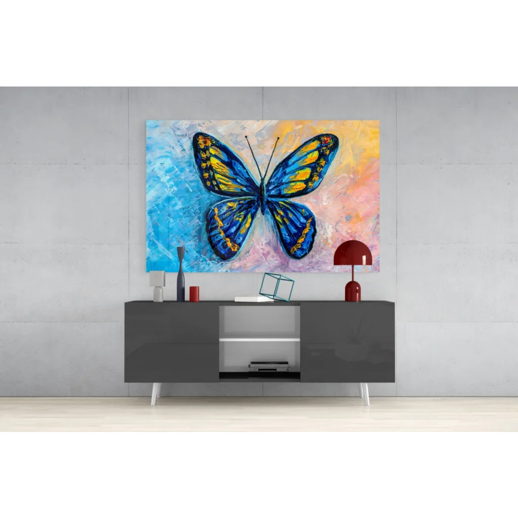 Vibrant blue and yellow butterfly glass wall art print