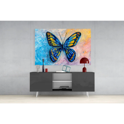 Vibrant blue and yellow butterfly glass wall art print