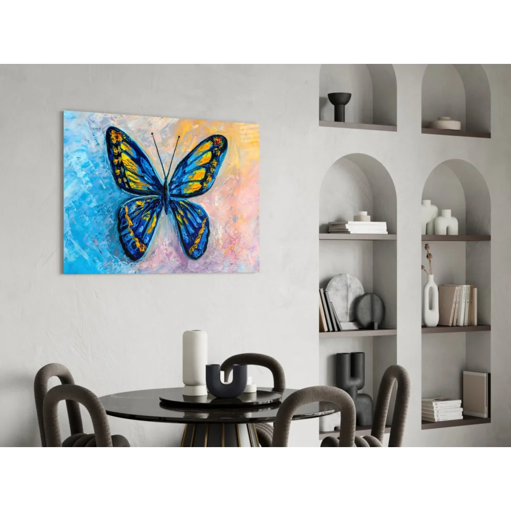 Vibrant blue and yellow butterfly glass wall art print with textured brushstrokes