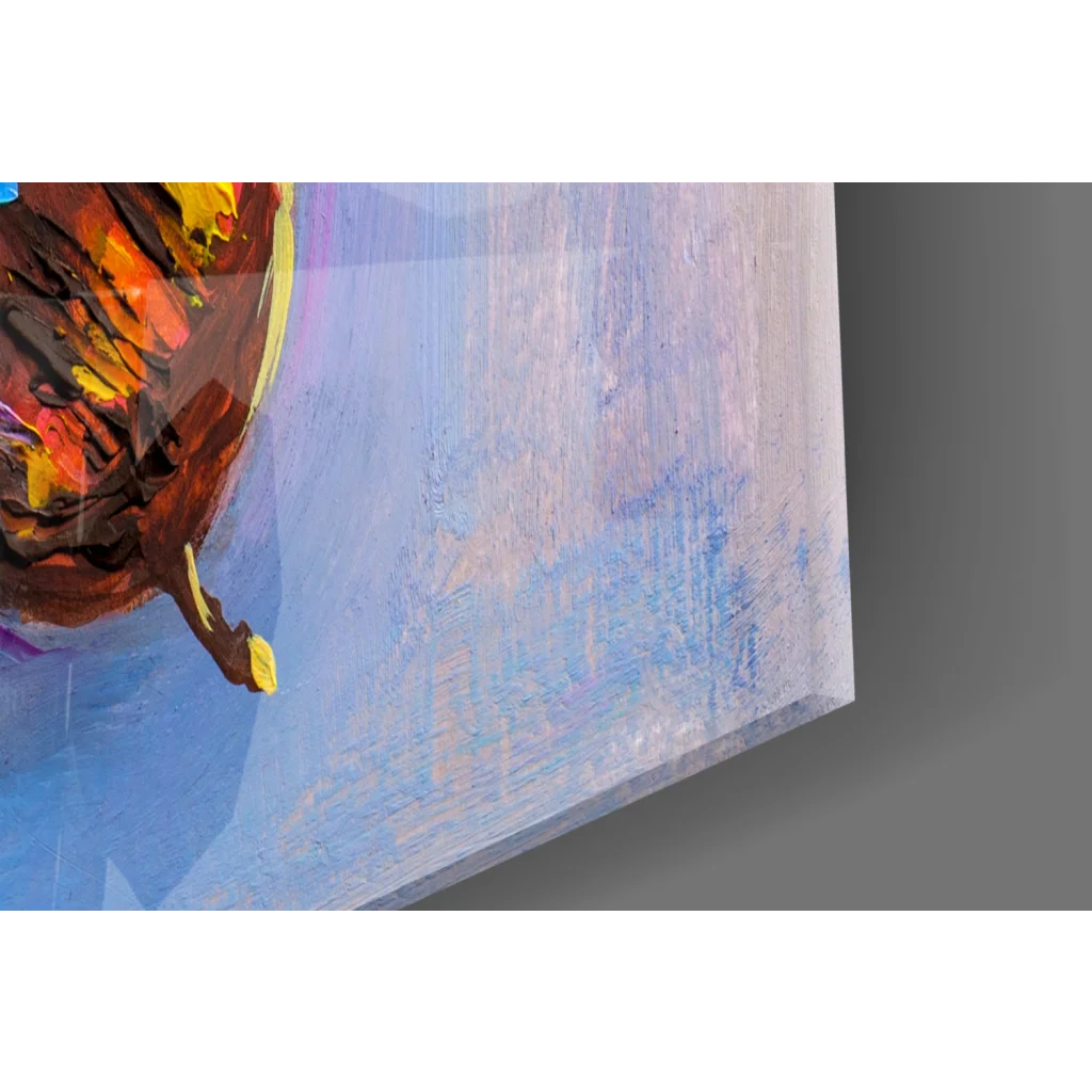Abstract butterfly wall art canvas with bold orange, brown, yellow strokes on blue