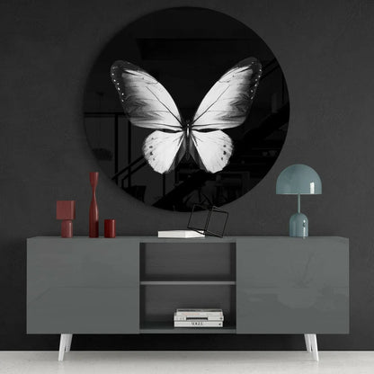 Sleek black tempered glass art with grayscale butterfly, size comparison