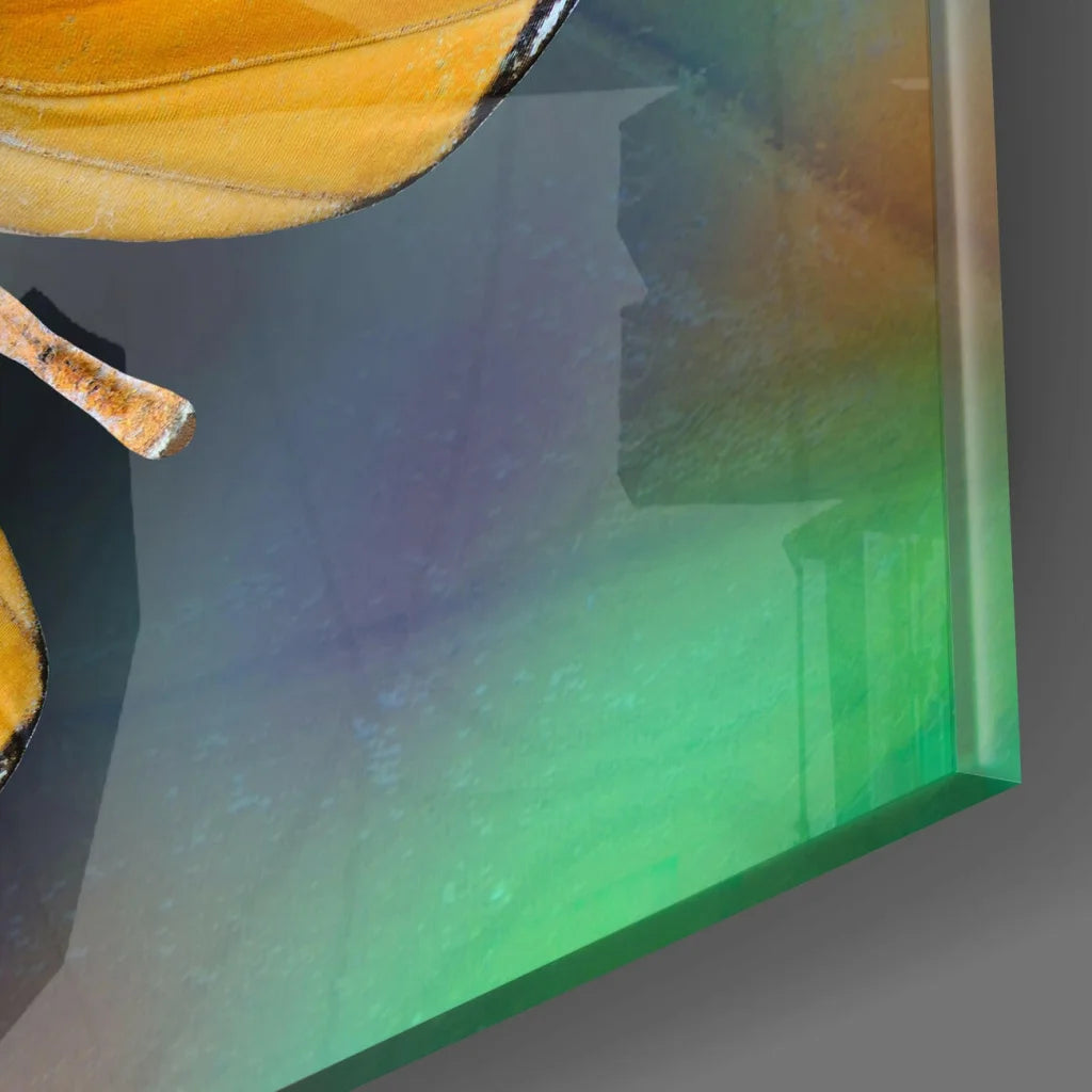 Stunning iridescent butterfly glass wall art with yellow-green gradient glow