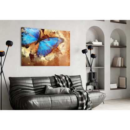 Stunning blue butterfly glass wall art on gray sofa