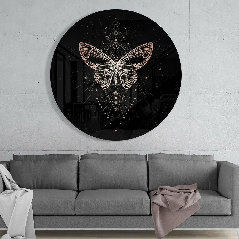 Mystical butterfly tempered glass art with sacred eye in vibrant colors