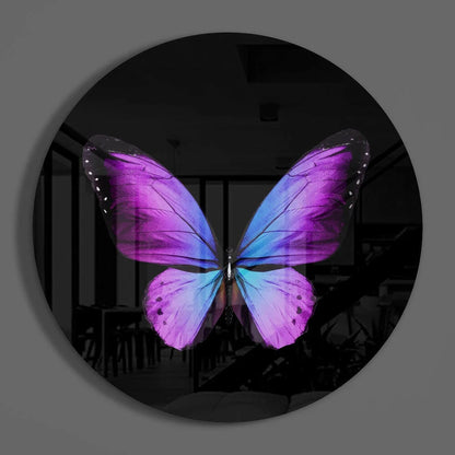Vibrant purple blue iridescent butterfly tempered glass art wall clock