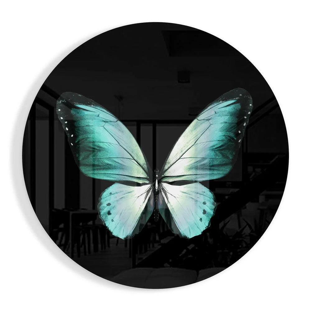 Stunning turquoise butterfly on tempered glass art circle
