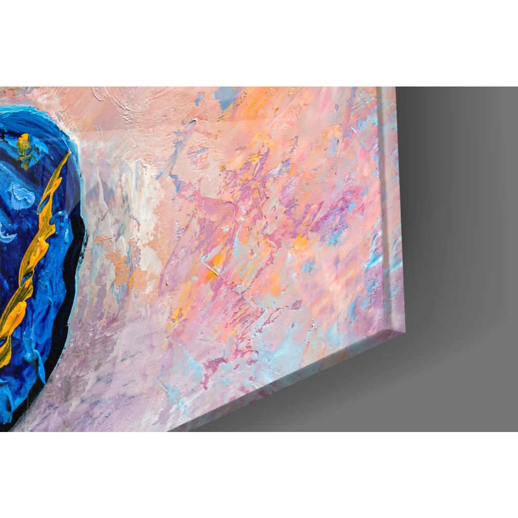 Abstract glass wall art with bold blue and gold on pink, orange, purple textures