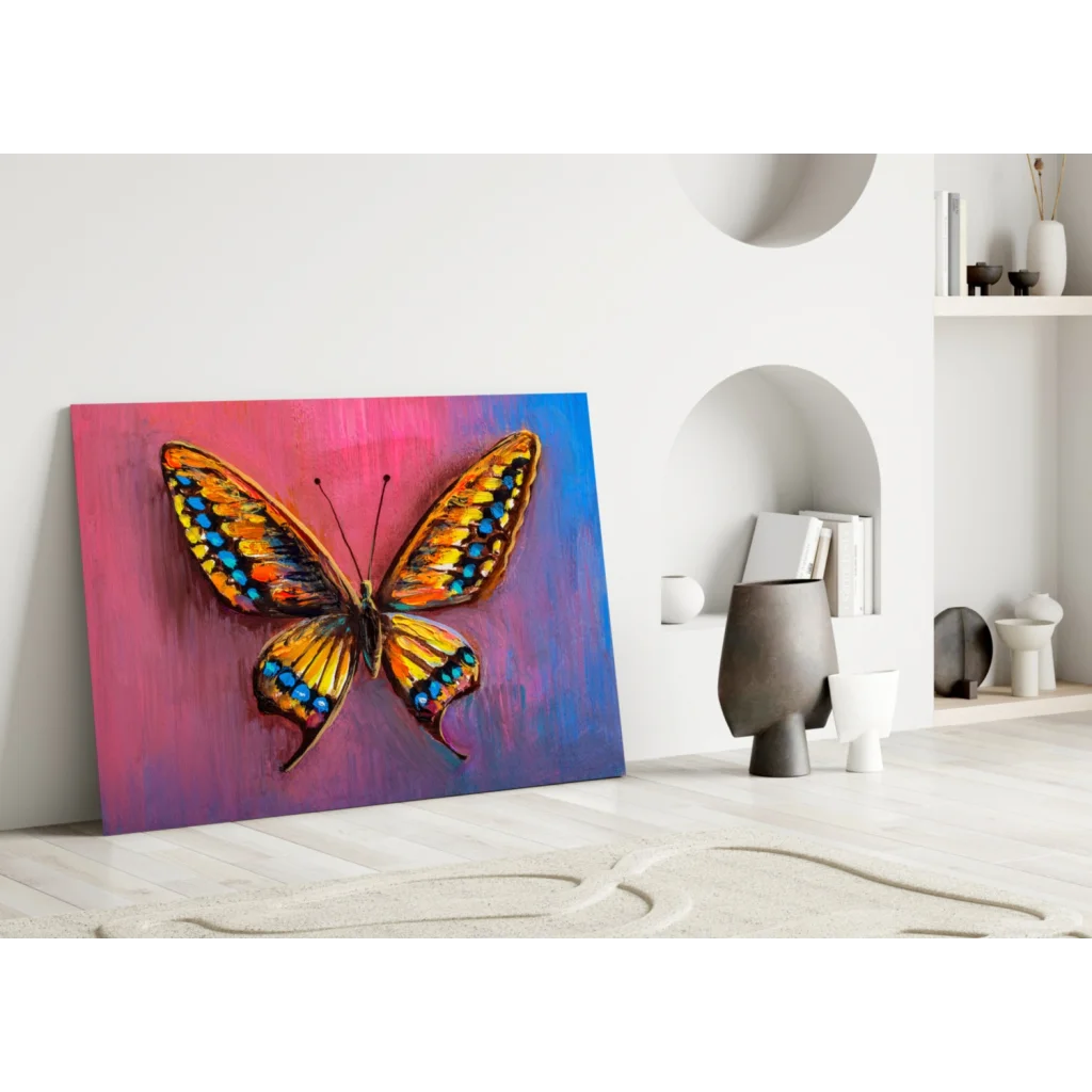Vibrant orange blue butterfly canvas wall art with textured strokes on gradient pink purple background
