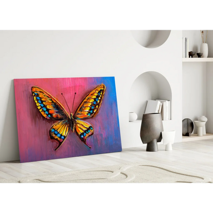 Vibrant orange blue butterfly canvas wall art with textured strokes on gradient pink purple background
