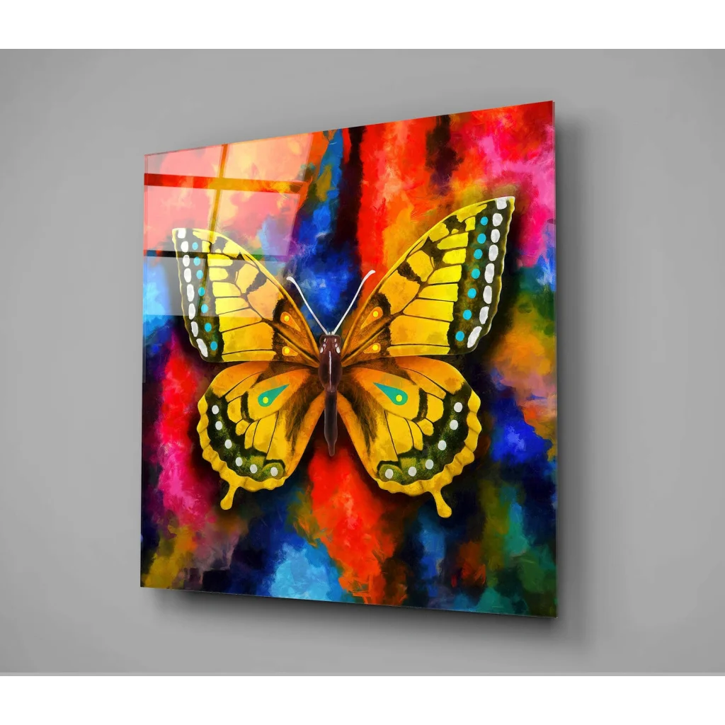 Stunning Yellow Butterfly Glass Wall Art on Abstract Canvas | Modern Wall Art Decor | vintageantiquesgifts.com