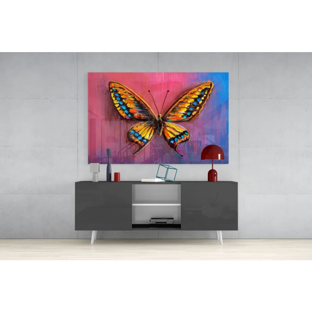 Vibrant orange blue butterfly wall art on gradient pink purple canvas