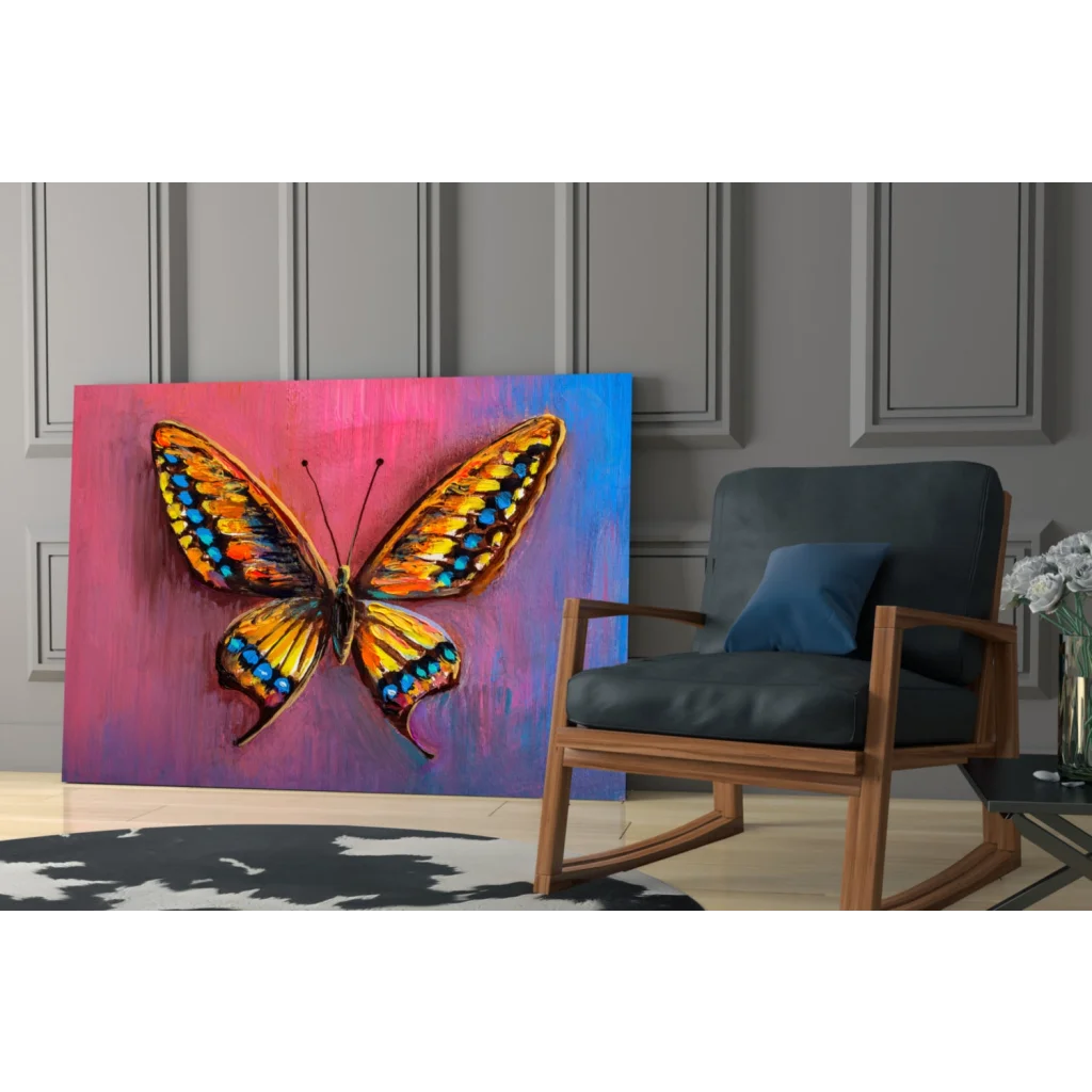 Vibrant orange blue butterfly canvas wall art on pink purple gradient background