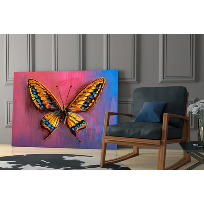 Vibrant orange blue butterfly canvas wall art on pink purple gradient background