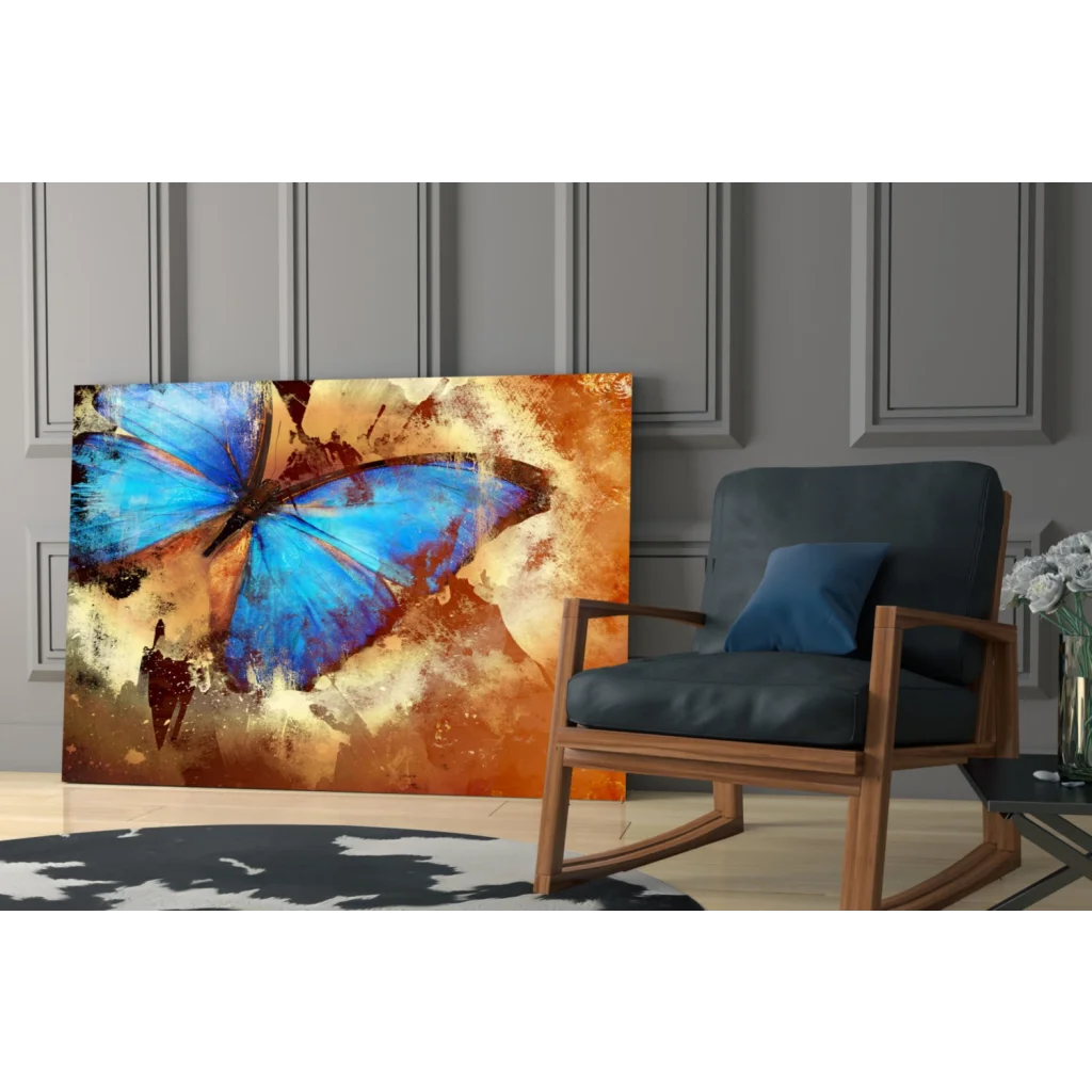 Stunning blue butterfly glass wall art on textured earth tones canvas