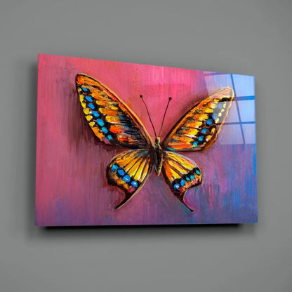 Vibrant orange yellow butterfly with blue spots on gradient pink purple canvas wall art