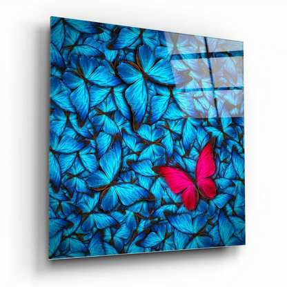 Stunning Pink Butterfly Glass Wall Art with Blue Accents | Insigneart USA | vintageantiquesgifts.com