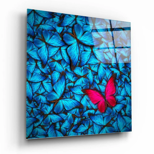 Vibrant blue and pink butterfly glass wall art on glossy panel