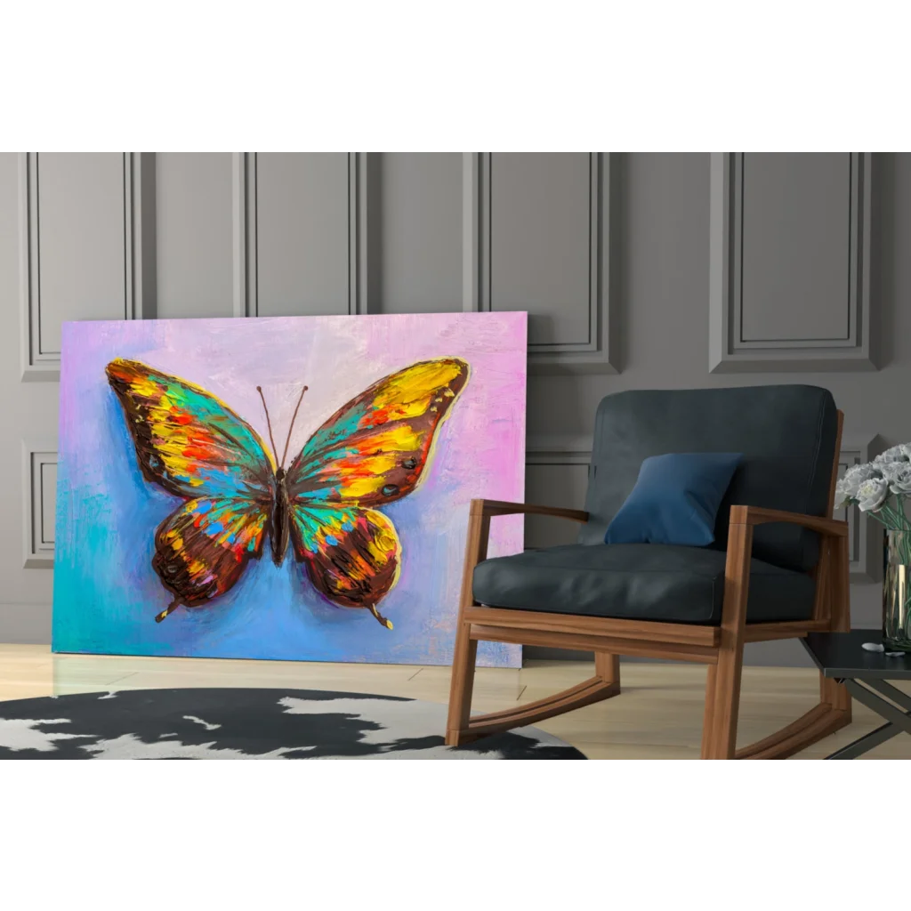 Vibrant multicolored butterfly wall art canvas with bold yellow teal orange wings on gradient blue pink background