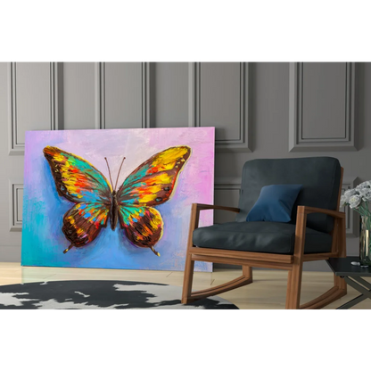 Vibrant multicolored butterfly wall art canvas with bold yellow teal orange wings on gradient blue pink background