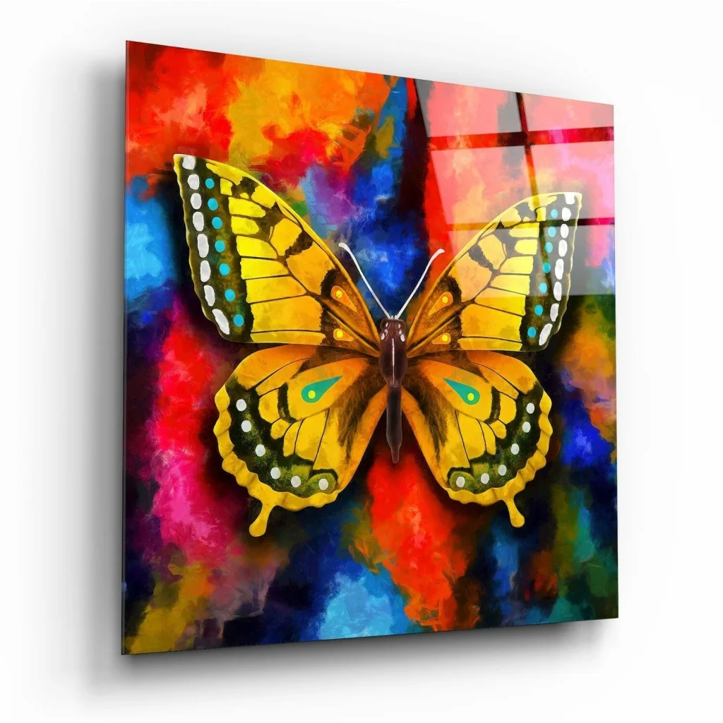 Stunning Yellow Butterfly Glass Wall Art on Abstract Canvas | Insigneart USA | vintageantiquesgifts.com
