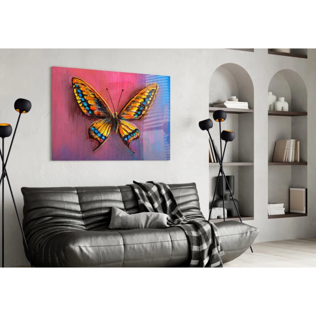 Vibrant orange and blue butterfly canvas wall art with textured wings