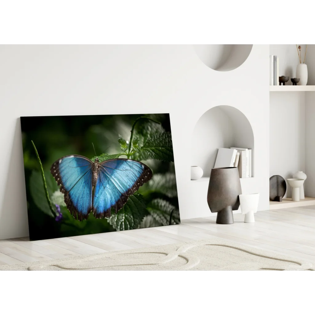 Stunning blue morpho butterfly glass wall art canvas print