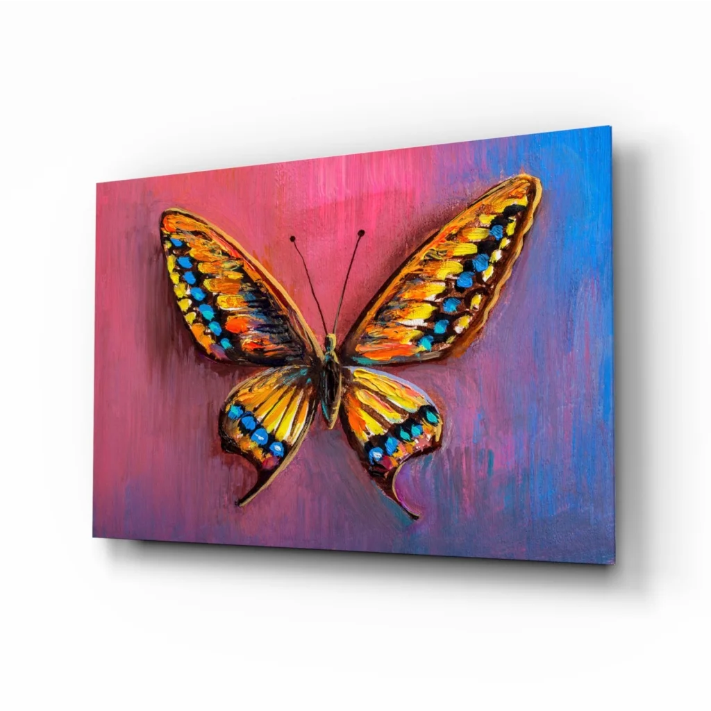 Vibrant orange butterfly wall art on canvas with pink to purple gradient